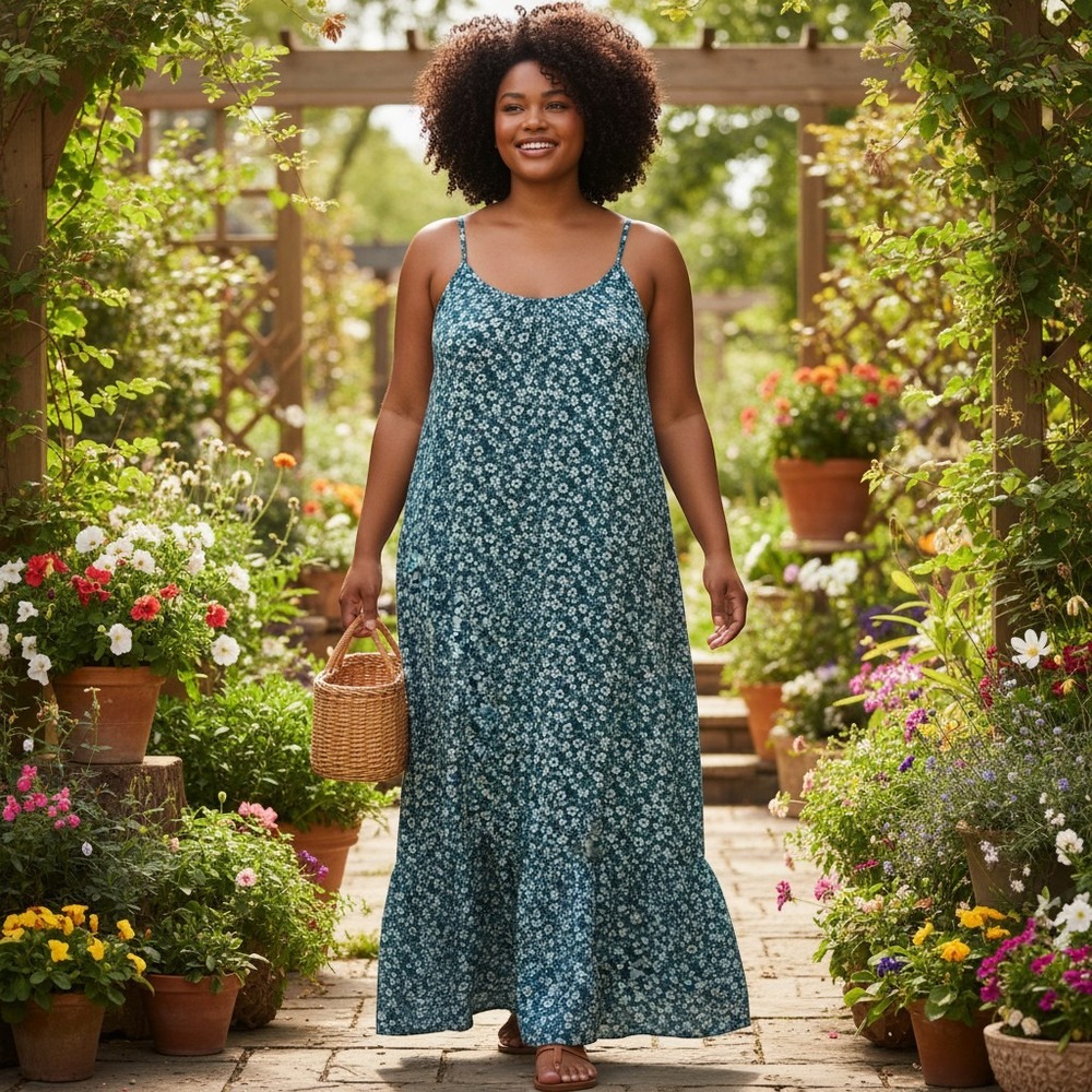 Dip Linen Blend‎ Teal and White Floral Maxi Dress Womens 3X